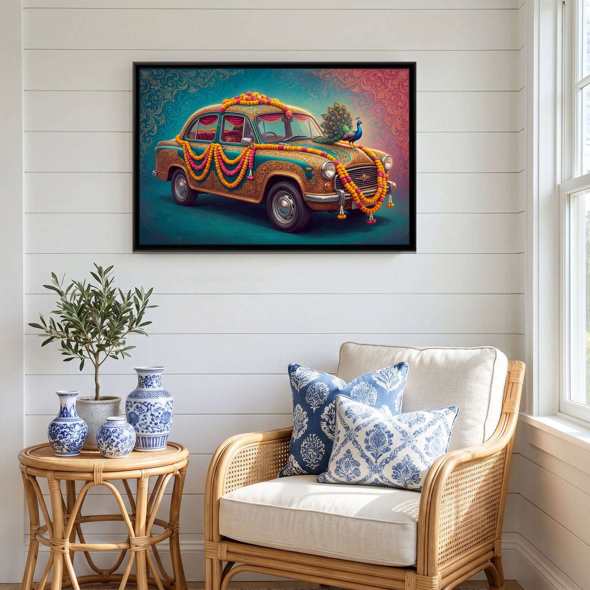 Vintage Car with Peacock – Teal with Gold - canvas art print shown in a styled room