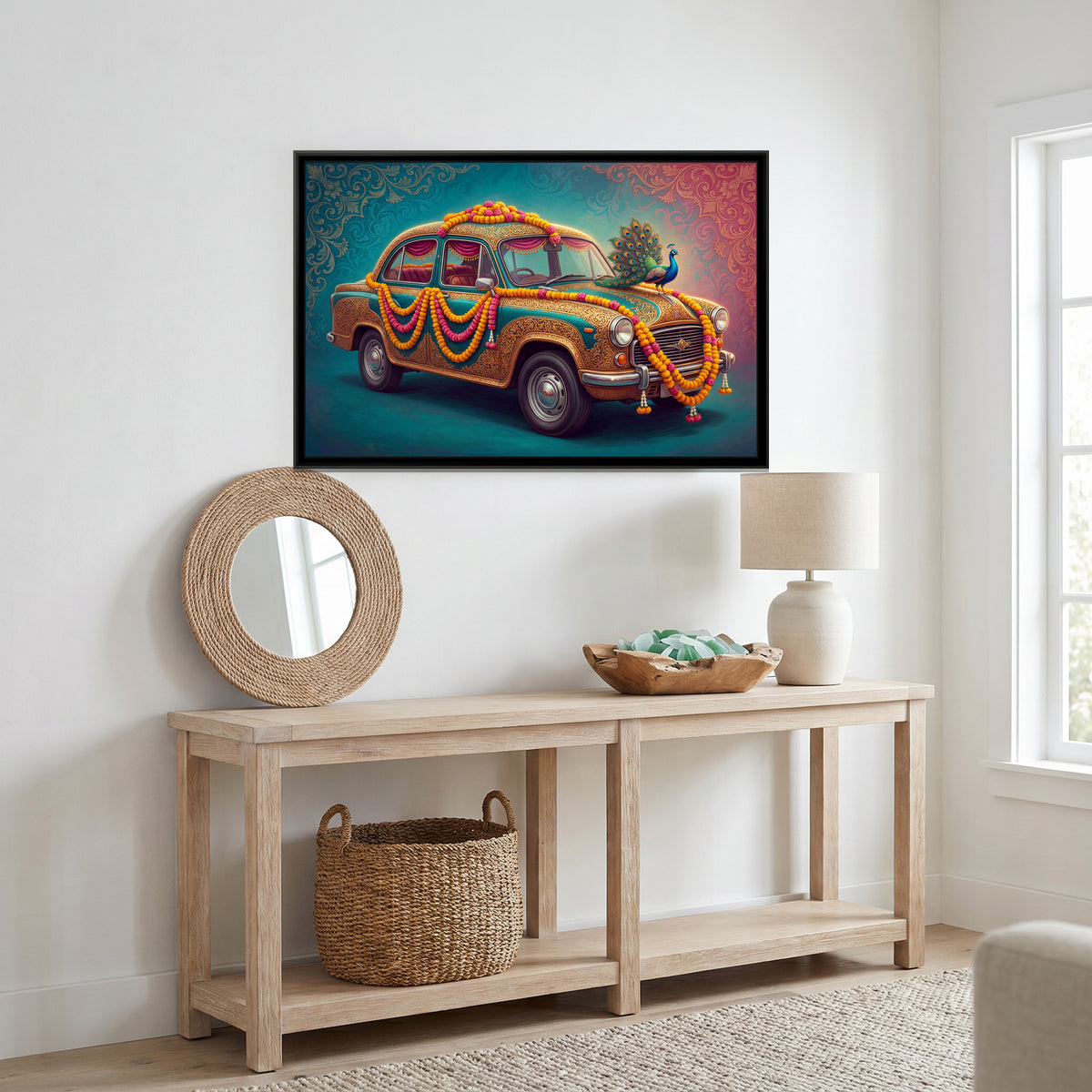 Vintage Car with Peacock – Teal with Gold - canvas art print shown in a second room setting
