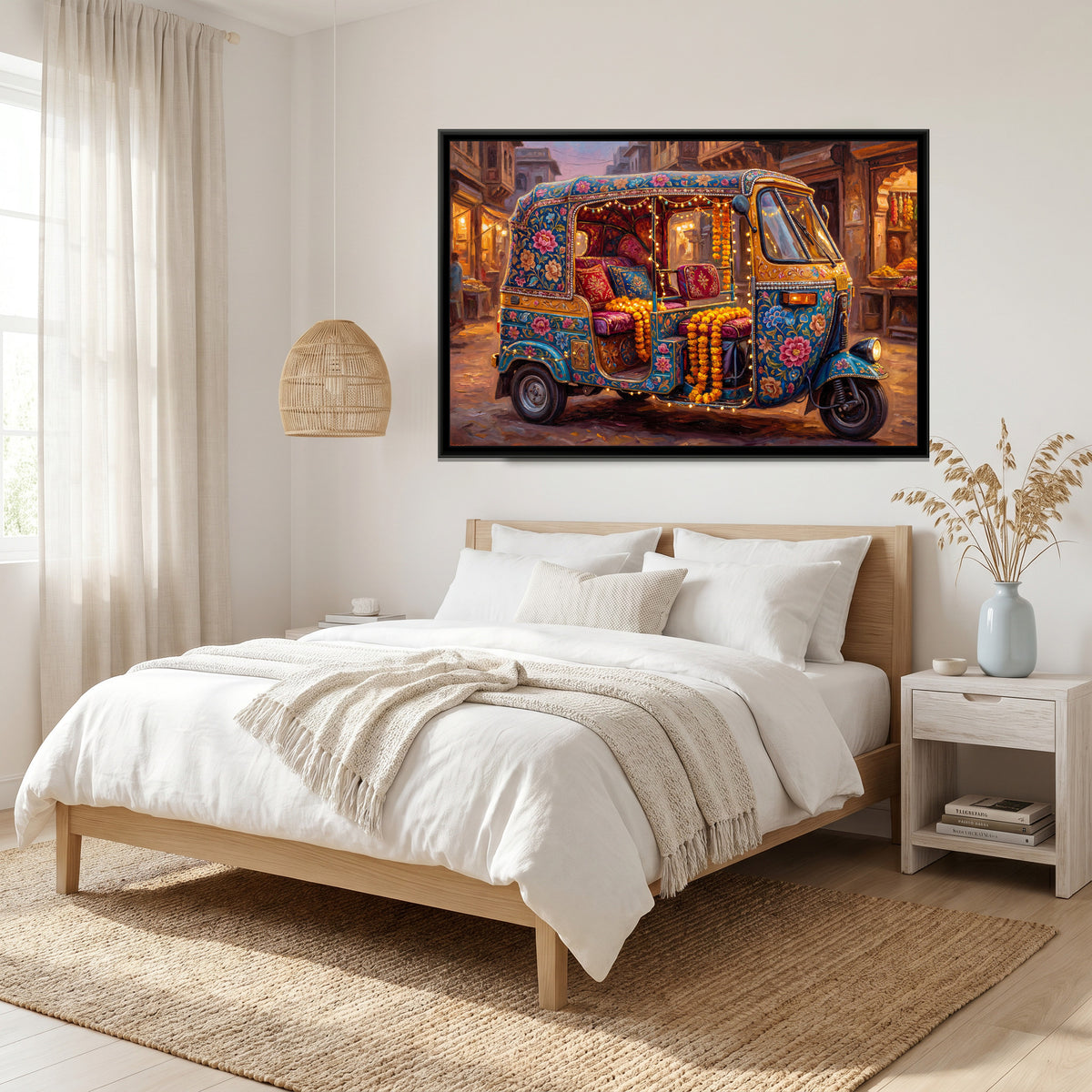 Decorated Auto Rickshaw – Blue at the Evening Market - canvas art print shown in a styled room