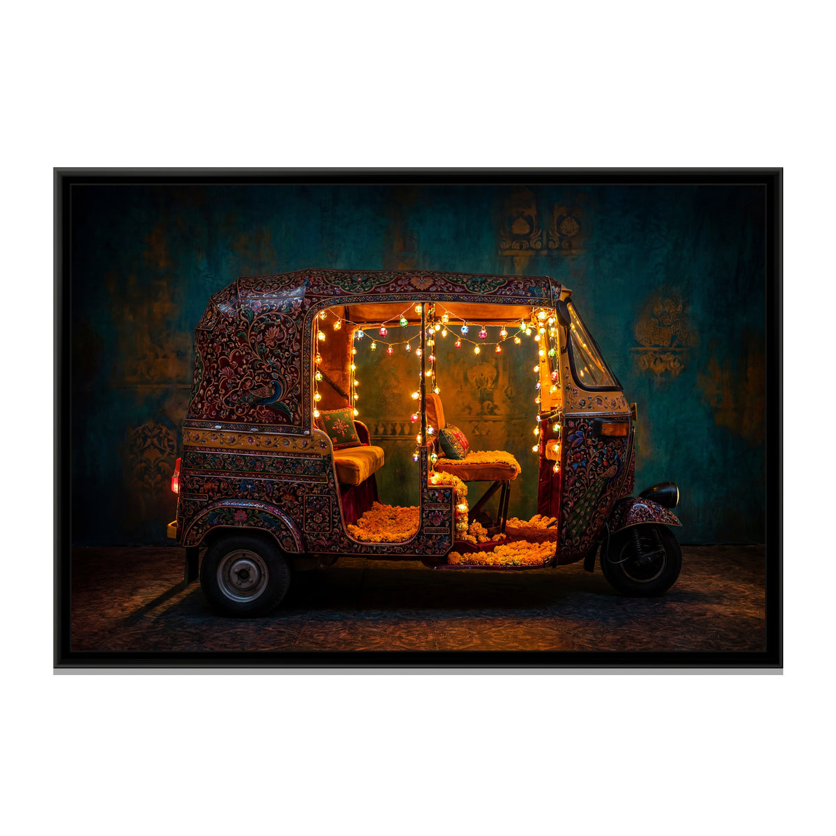 Decorated Auto Rickshaw – Fairy Lights on Teal - framed canvas art print, front view