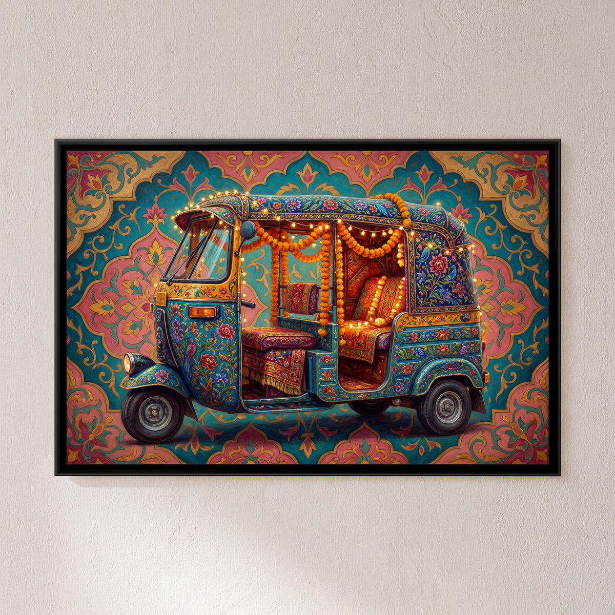 Decorated Auto Rickshaw – Turquoise - framed canvas art print of a turquoise auto rickshaw decorated with flowers, strung with fairy lights and marigold garlands and fitted with rug-covered seats, stands before a bold pink and teal pattern, hung on a wall