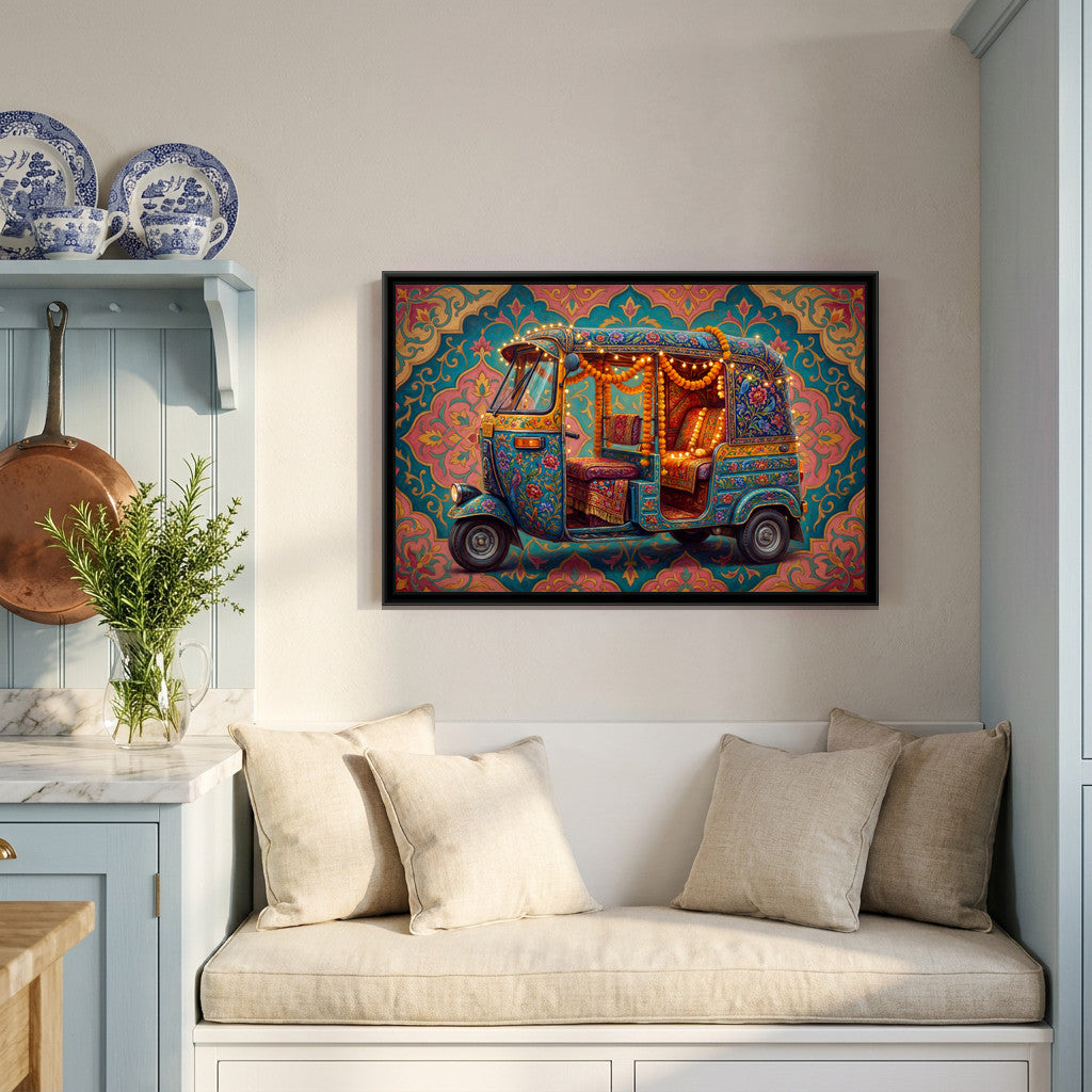 Decorated Auto Rickshaw – Turquoise - canvas art print shown in a second room setting