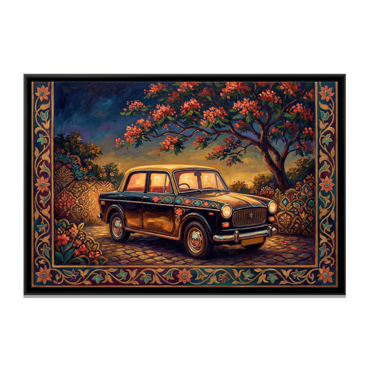 Vintage Taxi – Cobbled Lane at Dusk - framed canvas art print, front view