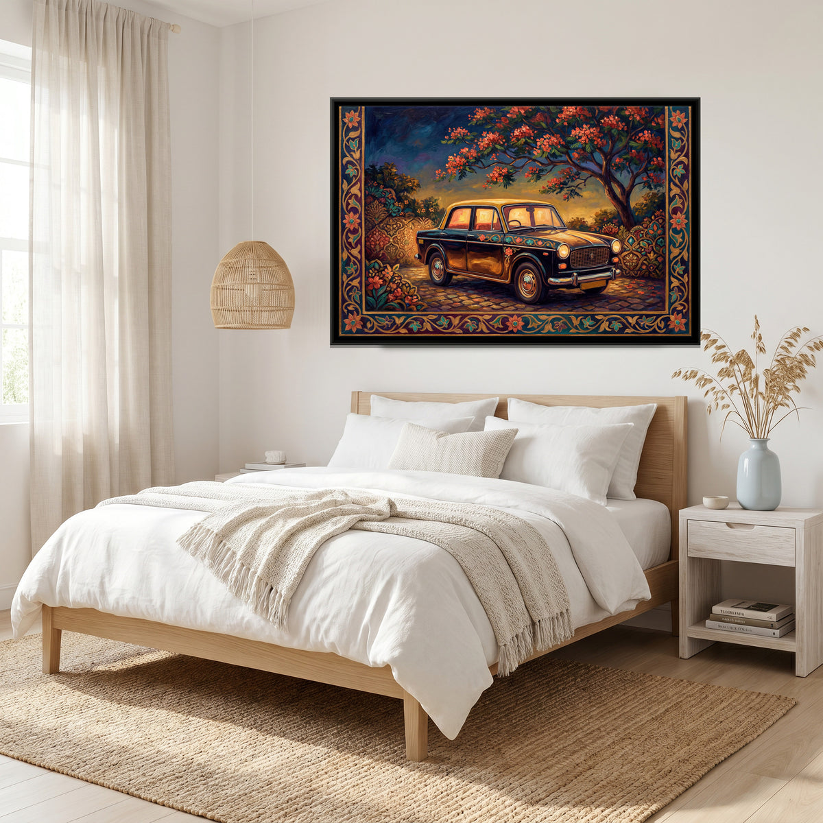 Vintage Taxi – Cobbled Lane at Dusk - canvas art print shown in a styled room