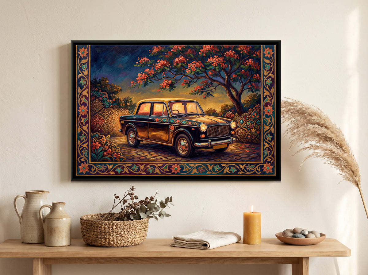 Vintage Taxi – Cobbled Lane at Dusk - canvas art print shown in a second room setting