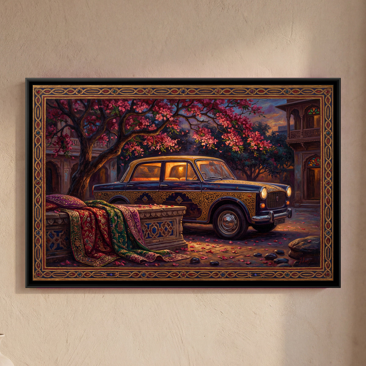 Vintage Taxi – Courtyard Blossoms - framed canvas art print of a black and gold patterned vintage taxi sits beneath a pink-blossomed tree in a quiet courtyard at dusk, beside a stone bench draped with embroidered red and green cloths, hung on a wall