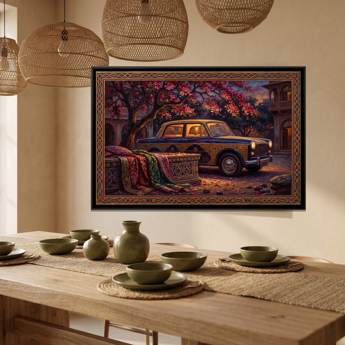 Vintage Taxi – Courtyard Blossoms - canvas art print shown in a styled room