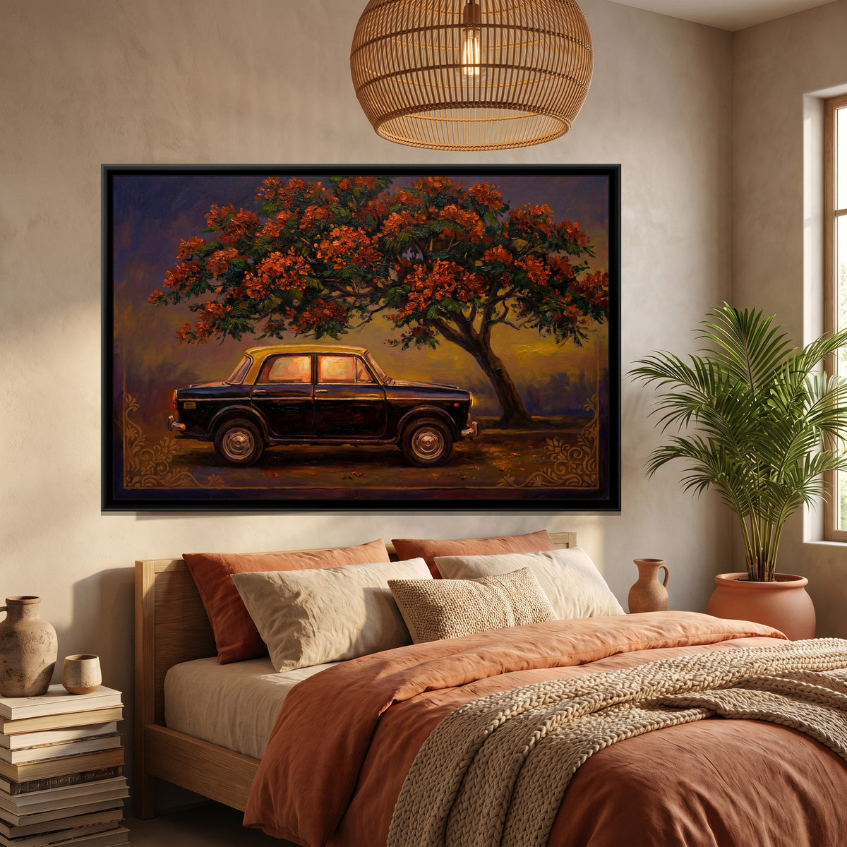 Vintage Taxi – Under the Gulmohar - canvas art print shown in a second room setting