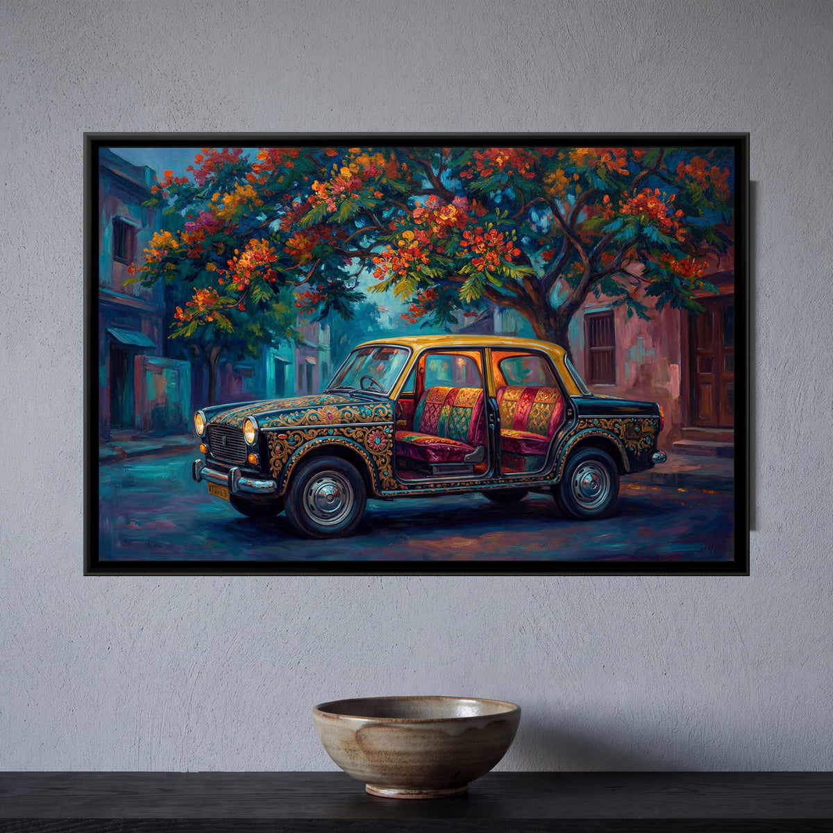 Vintage Taxi – Doors Open on a Blue Street - framed canvas art print of a black and yellow vintage taxi decorated with gold patterns stands with its doors open to reveal patterned seats, parked under a blossoming gulmohar tree on a blue-lit street, hung on a wall