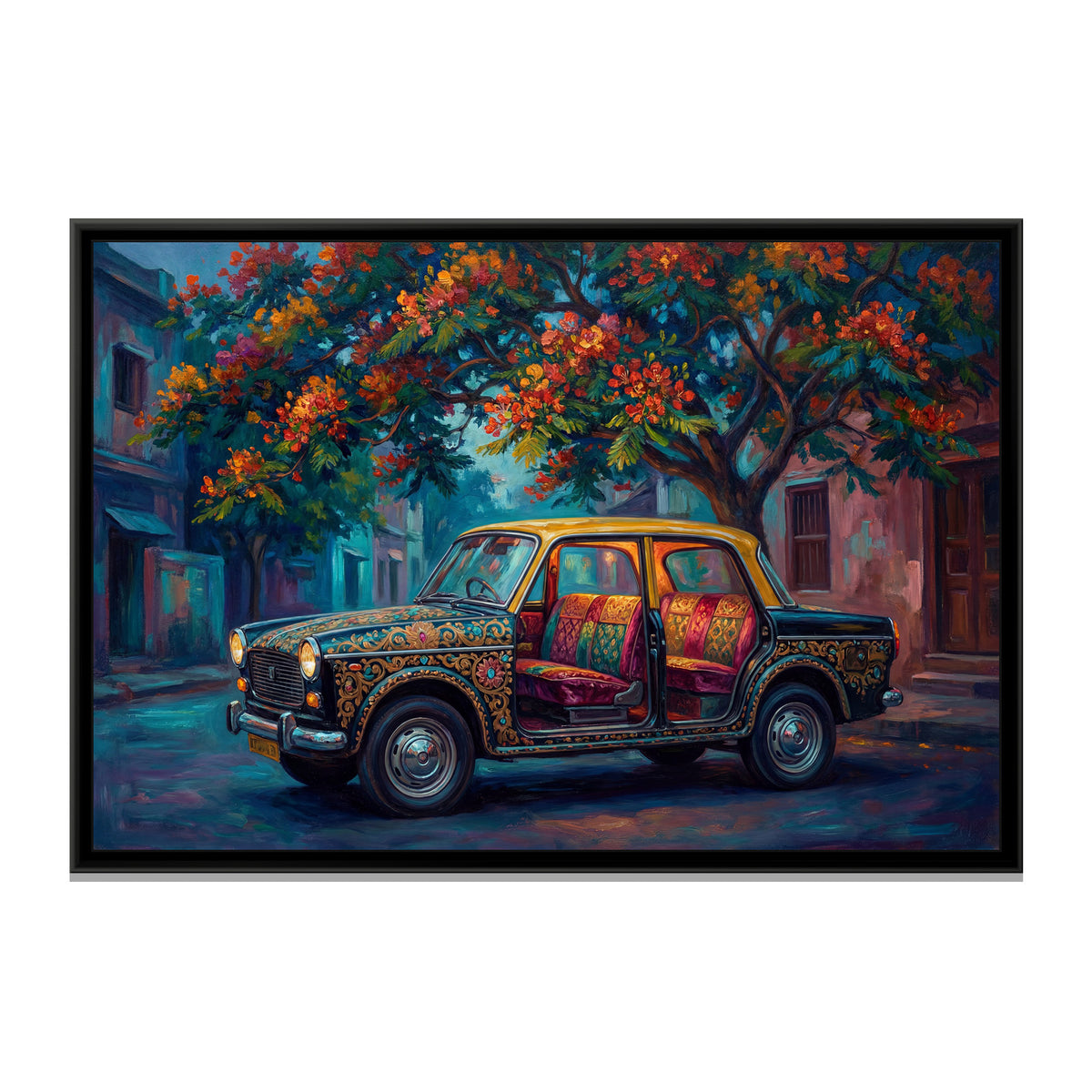 Vintage Taxi – Doors Open on a Blue Street - framed canvas art print, front view