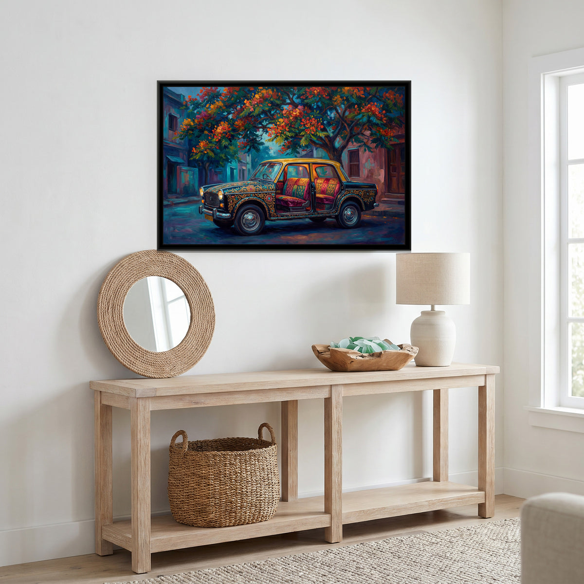 Vintage Taxi – Doors Open on a Blue Street - canvas art print shown in a styled room